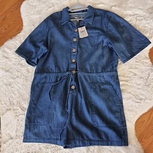 NWT OAT NY Relaxed Denim Short Romper Jumpsuit Womens XL Button up SS Utility